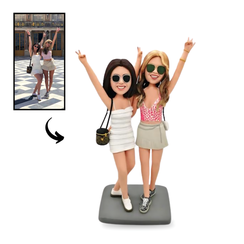 Lesbian couple in casual clothing raising hands up in joy