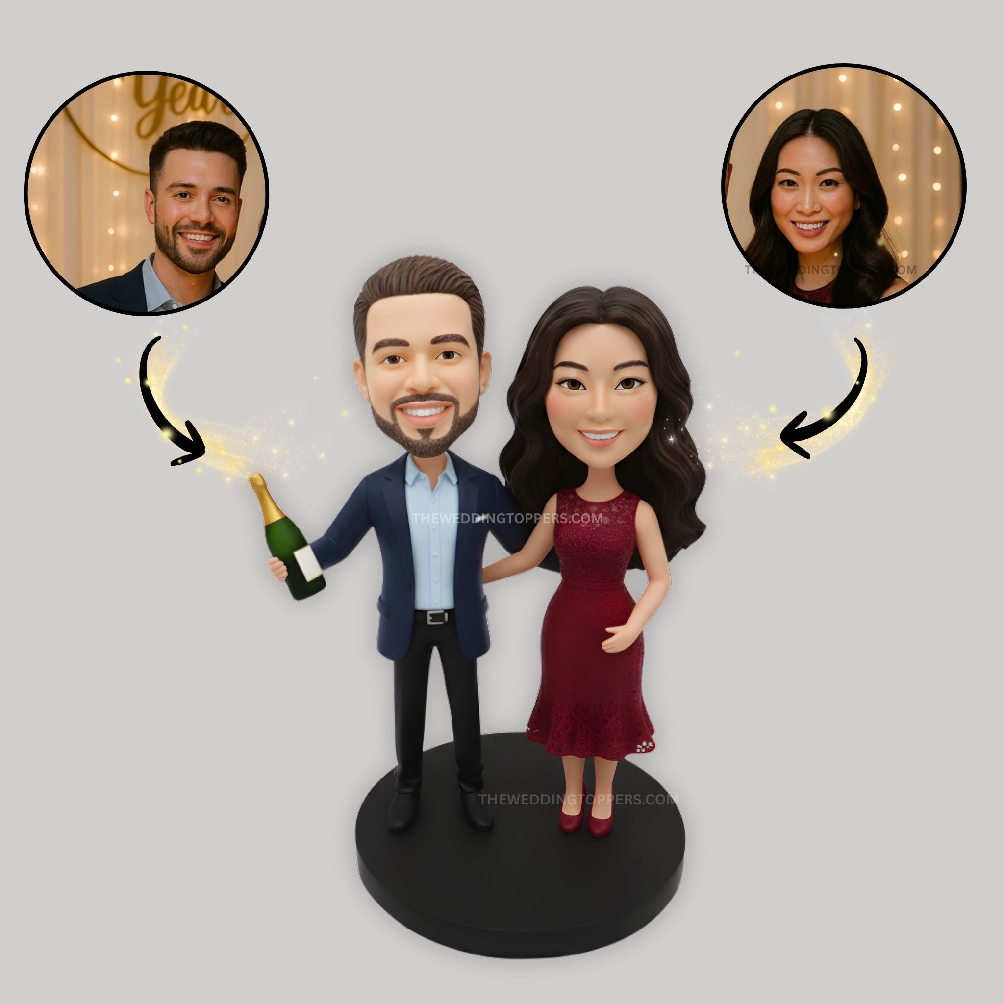 anniversary bobblehead couple holding beer cake topper