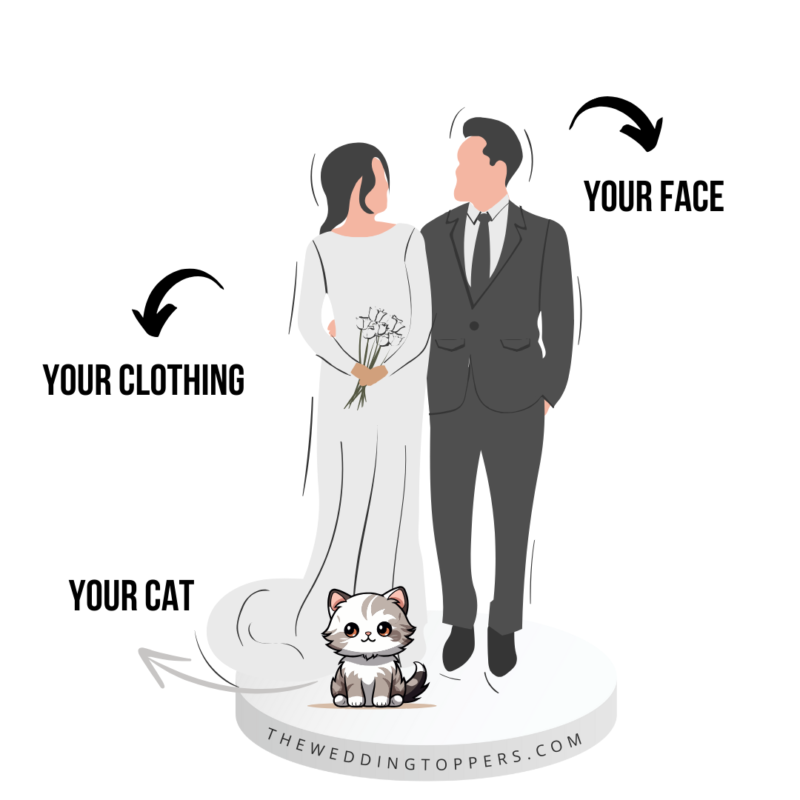 Bride and groom with their cat cake topper