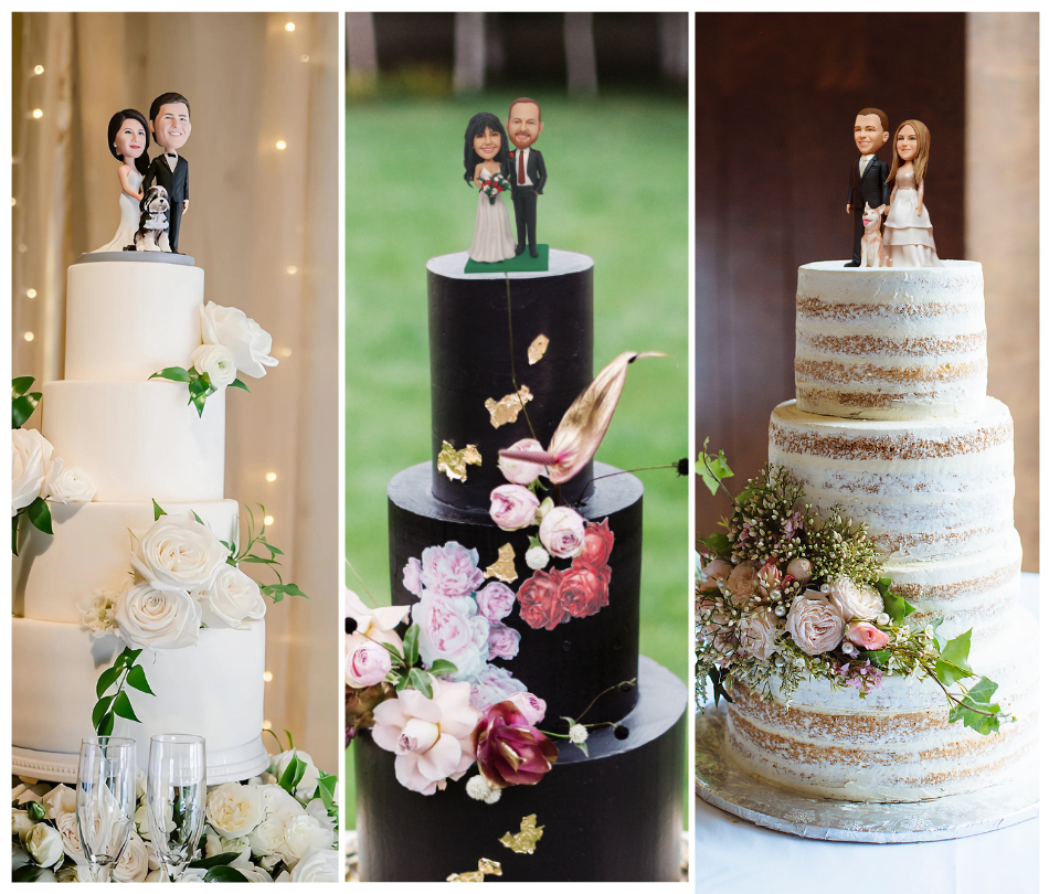 Collage of huge tiered wedding cakes with wedding couples miniature on top