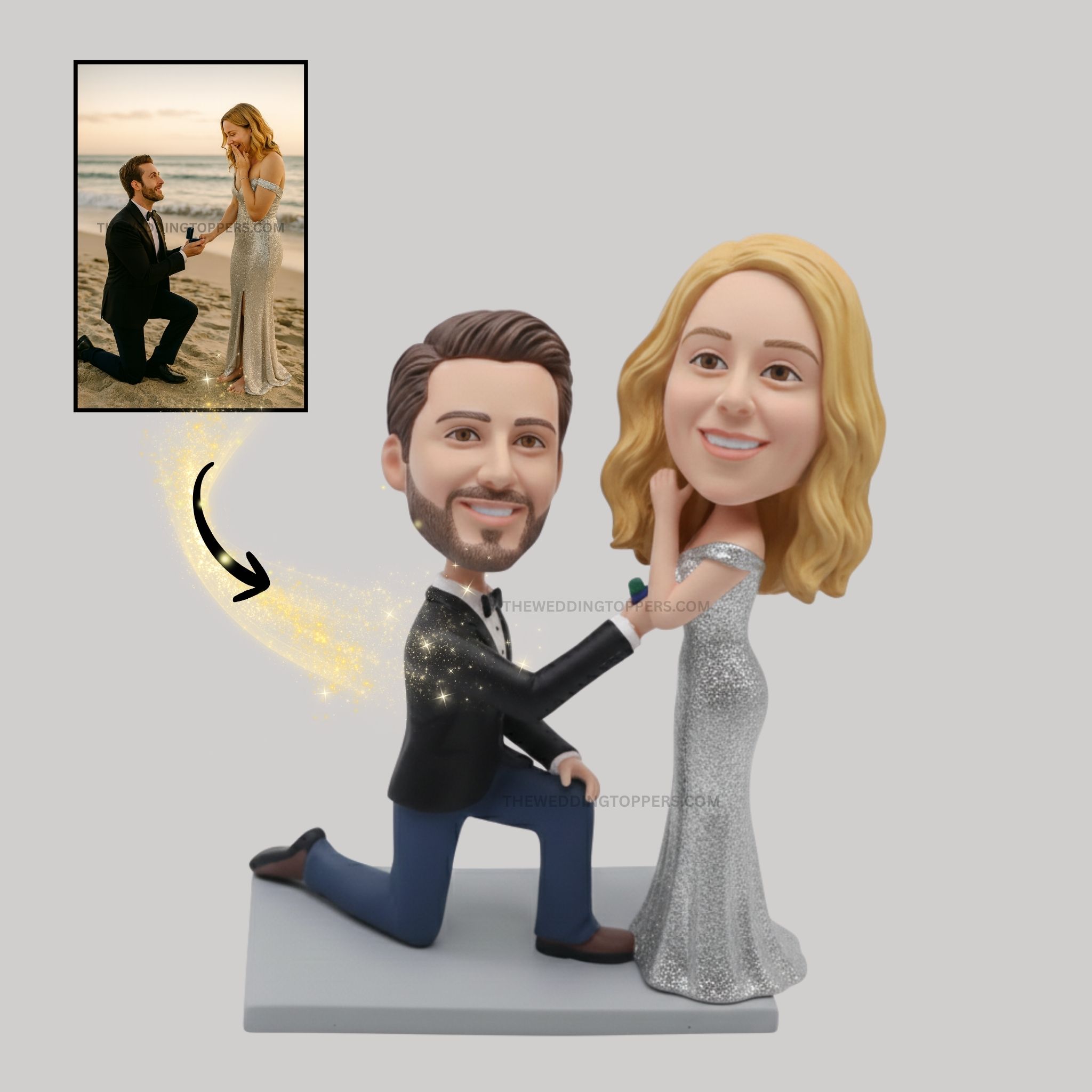proposal couple bobblehead proposal cake topper