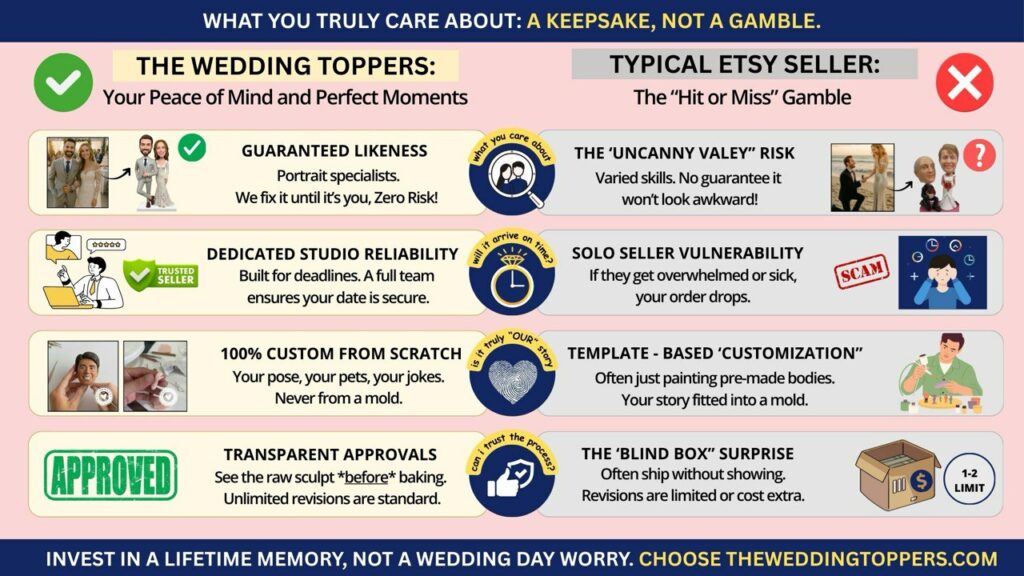 The wedding toppers Vs etsy comparison graphic